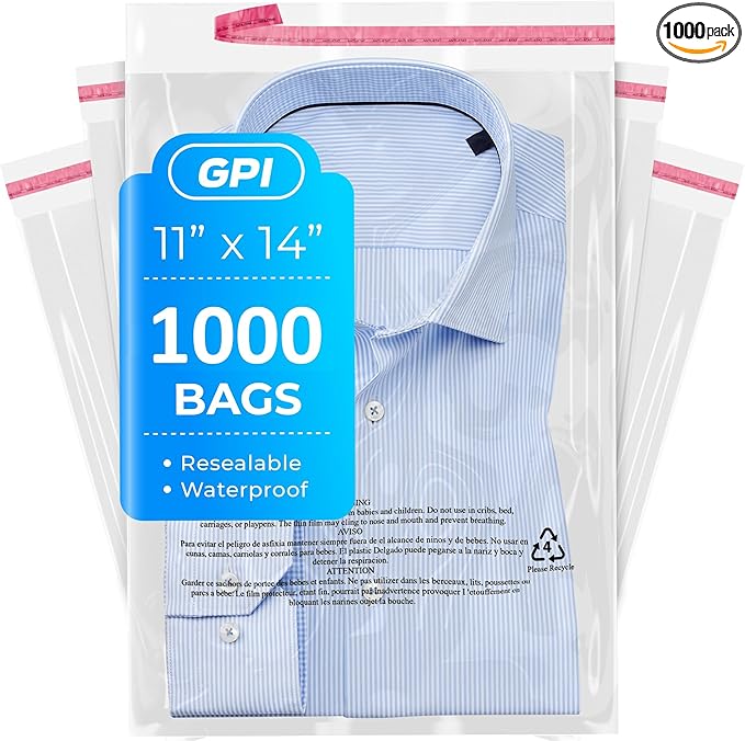 11" x 14" Self Seal Resealable Poly Bags - Case of 1000, Peel & Seal Reclosable Polybags with suffoaction Warning and Adhesive Strip for Packaging & Shipping Clothes, Shirts & More - GPI