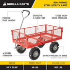Gorilla Carts Steel Utility Cart, 4 Cu Ft Bed, 800 lb Load Capacity, Red – Heavy-Duty Outdoor Hauling Wagon with Removable Side Panels for Yard, Lawn, Garden or Landscaping