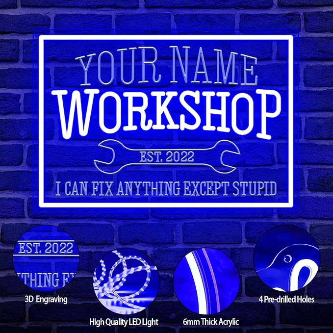 Large Custom Workshop Neon Sign for Wall Decor, Personalized 3D Engraved Garage Name LED Acrylic Sign, Customized Dimmable Neon Lights for Garage, Tool Room, Carport & Man Cave, Gifts for Dad Father Husband Grandpa
