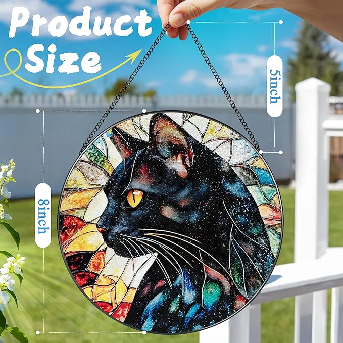 8″ Stained Glass Window Hanging Ornament, Black Cat Stained Glass Suncatcher Ornament, Sun-Catcher Window Decor | Gifts for Cat Lovers, Pet Lover Gift
