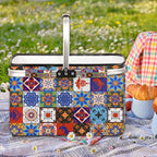 Boho Collapsible Market Basket, Mexican Talavera Tile Leakproof Folding Collapsible Portable Picnic Basket Strong Aluminum Frame for Travel, Shopping, Camping & Lake Trips