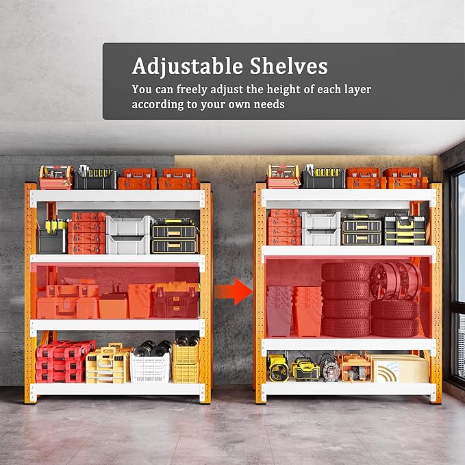 4000LBS Garage Shelving 48" W Garage Shelving Heavy Duty 4-Tier Metal Storage Shelves Adjustable Shelf Unit Storage Rack for Basement Supermarket Warehouse 48" W x 20" D x 78" H Orange-White