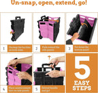Inspired Living Ultra-Slim Rolling Collapsible Storage Pack-N-Roll Utility-carts, with Telescopic Handle, for Home, Garden, Shopping, Office, School use, Large, Pink & Black