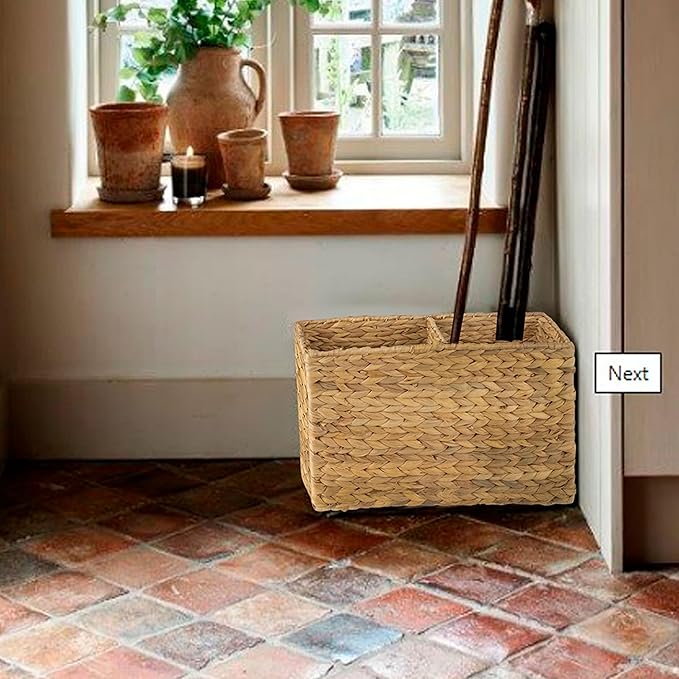 PEMAR Rolling Wicker Storage Basket Set of 2 – Natural Water Hyacinth & Seagrass Bins on Wheels with Removable Divider & Insert Handles – Nesting Design for Under Desk, Home & Office Organization