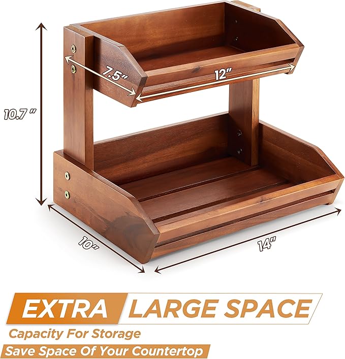 HOLANA Acacia 2 Tier Fruit Basket for Kitchen Counter Organizer – Wooden Fruit Bowl & Wooden Basket for Kitchen Counter Storage, Vegetable & Produce Storage, Snack Organizer for Countertop (Acacia)