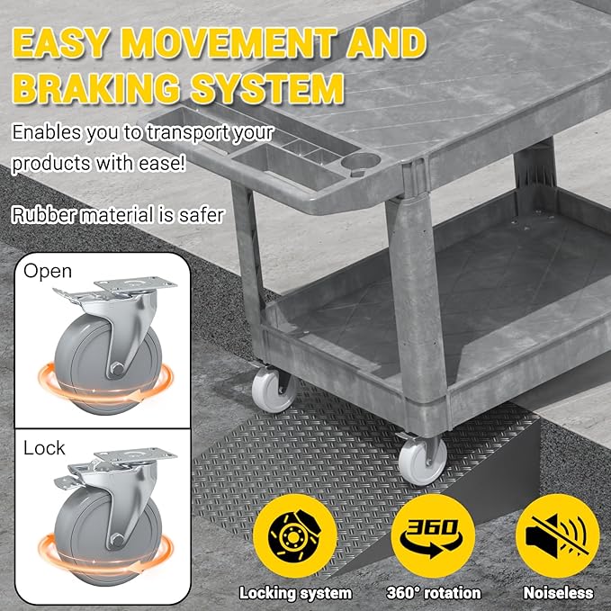 Heavy Service Utility Cart on Wheels,Tool Cart on Wheels, Service Cart for Garage, Warehouse, Workshop, Office, Cleaning (Gray-45.7 inch)