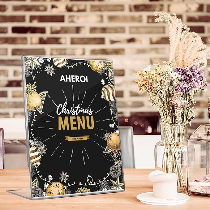 Aheroi 12Pcs Acrylic Sign Holder, 5x7 Clear Sign Holders, L-Shape Table Sign Holders Paper Stand, Plastic Sign Holder Standing, Paper Display Stand for Menu Document Display, Activities Supplies