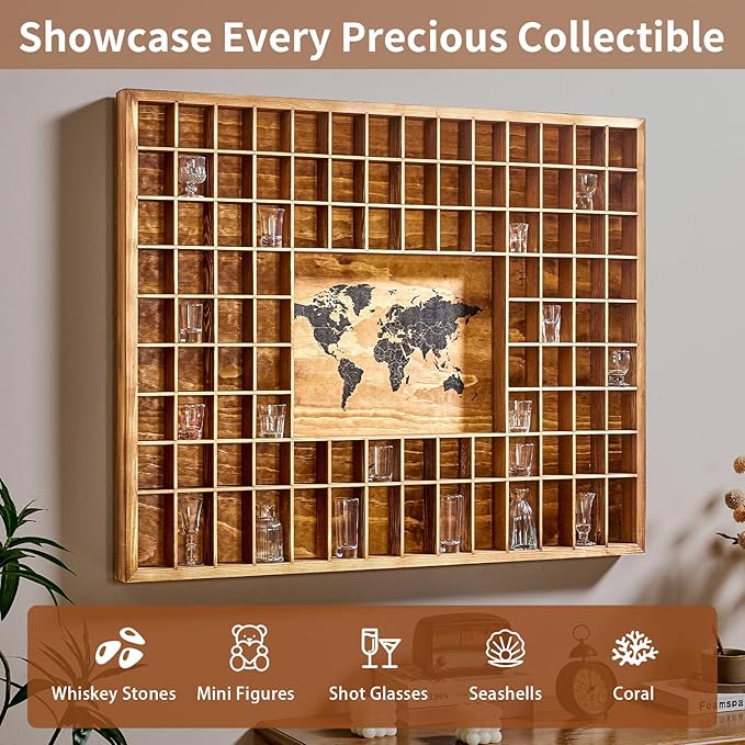 Large World Map Shot Glass Display Case 102 Slots 39.37 X 31.69''Rustic Brown Wood Holder for 2 Different Size Shot Glass in Living Rooms Bars Wine Cellars Used for Jewelry Stones & Shell