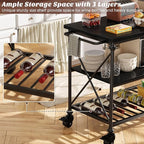 Homieasy Kitchen Island Cart with Wheels, 3-Tier Wood and Metal Rolling Kitchen Island Table with Pipe Legs, Storage Shelves & Lockable Casters for Kitchen Dining Room, Black