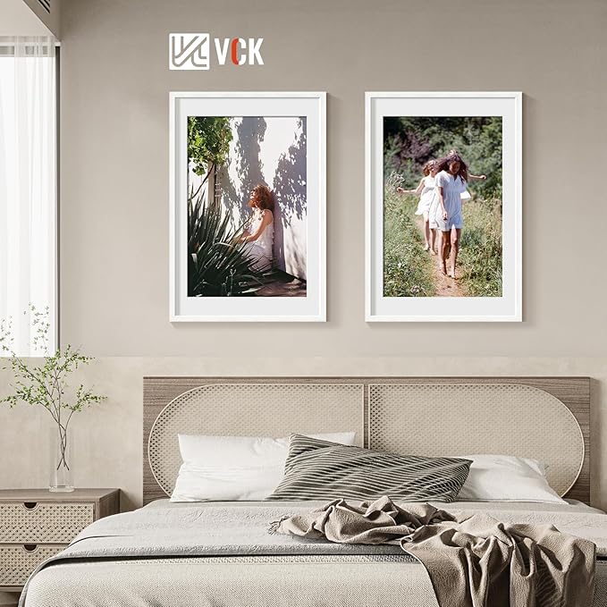 VCK 24x36 Poster Frame White - with Mat 20x30, Textured Exclusive Solid Wood Picture Frame, Horizontal and Vertical Formats with Included Hanging Hardware - 2 Pack