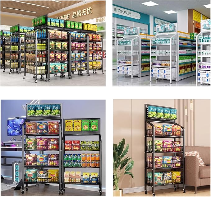 5 Tier Retail Display Rack, Metal Snack Rack with Wheels, 24inch Wide Chip Snack Display Stand with 15 Hooks for Kitchen Office Supermarket, Black