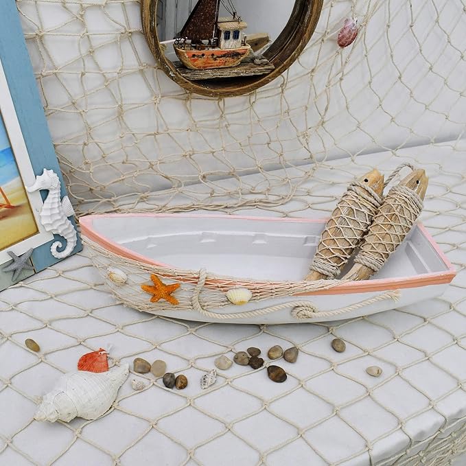 White Wooden Boat Tray Decor Decorative Nautical Boat Ornament Decor Wood Boat Tray Decorations Beach Theme Bathroom Decor Boats Shelf Decor 17 Inch