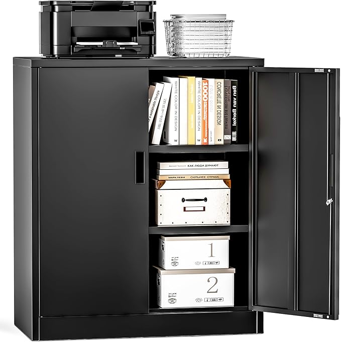 Metal Garage Storage Cabinets，Metal File Cabinet with 2 Adjustable Shelves, Lockable Storage Cabinets for Office, Home, Garage, Warehouse 36" H x 31.5" W x 15.7" D (Black)