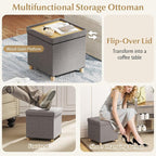 GOFLAME 18 Inches Storage Ottoman, Linen Fabric Cube Footstool with Rubber Wood Legs, Side Table with Flip Top Tray, Square Foot Rest Stool, Shoe Changing Stool for Living Room, Bedroom, Entryway