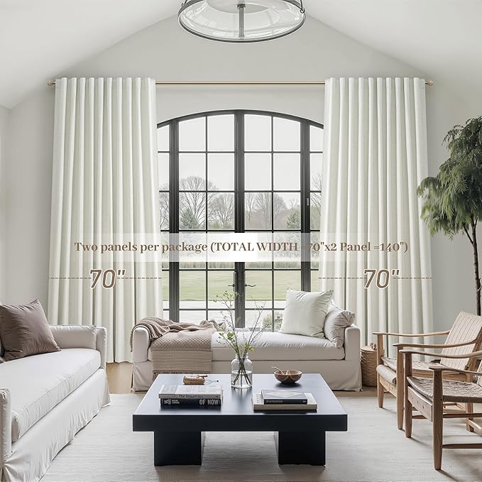 Cute Blackout Curtains 70 Inches Extra Wide Linen 84 Inch Length for Living Room/Sliding Glass Door,Pleated Heavy Duty Thermal Drapes for Winter Thick Large Window(70"Wx84"L 2 Panels Beige White)
