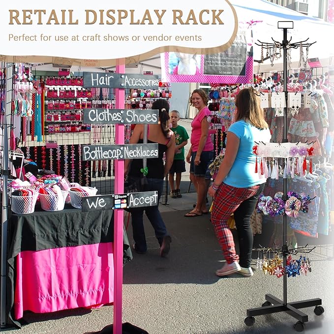 5-Tier Metal Spinning Display Stand Rack with Wheels, Black Iron, 50 Hooks, Lockable Wheels, Ideal for Jewelry, Accessories, Foods