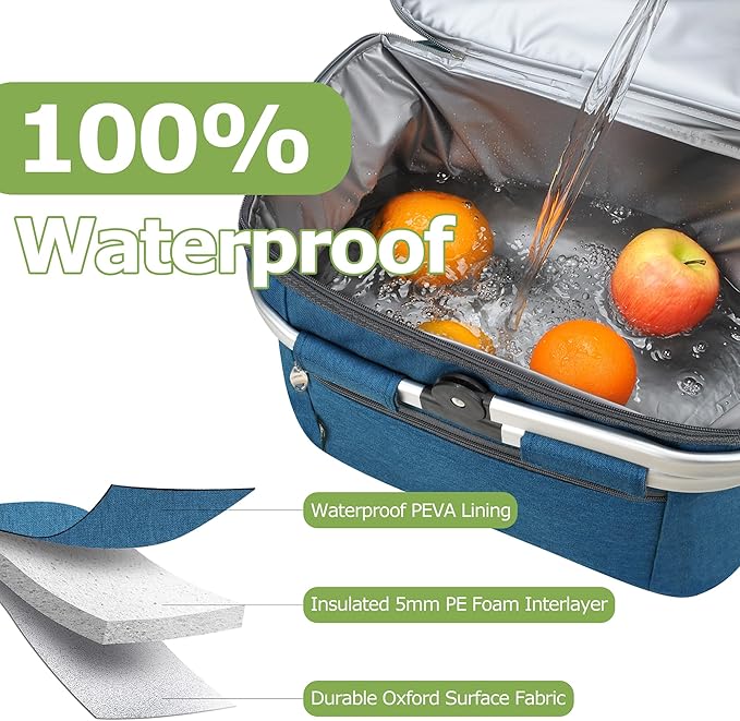 Tirrinia Large Insulated Picnic Basket, 34L Water Resistant & Leakproof Collapsible Portable Cooler Basket Set with Aluminium Handle for Travel, Shopping, Camping,Foldable Grocery Bag, Blue