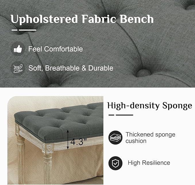 LOULENS 57.7" Linen Fabric End of Bed Bench, French Upholstered Button Tufted Bench for Bedroom End of Bed, Window Seat with Carved Wood Legs for Bedroom, Living Room, Entryway, Dark Grey