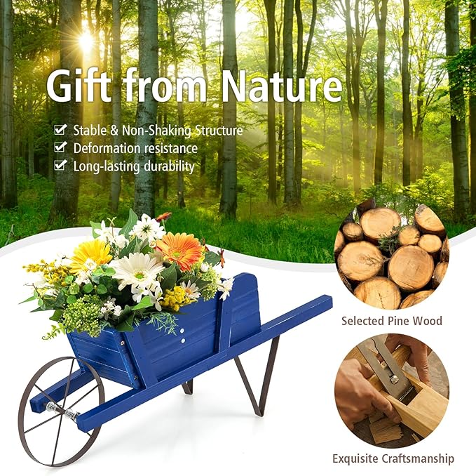 Wooden Wagon Planter, Flower Cart Display Stand w/Metal Wheels & Removable Magnetic Decoration, Wagon Decorative Garden Planter for Plants & Seasonal Displays, Pine Wood (Blue)