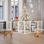 Vantas Folding No-Assembly Metal Pet Gate 120" Wide, 24" Extra Tall Dog Gate with Door Walk Through, Freestanding Accordion Puppy Gate Dog Door for Indoor & Outdoor, with 2PCS Support - White