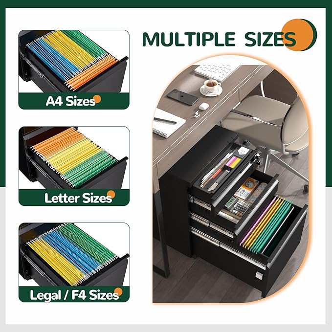 3 Drawer File Cabinet with Lock, Mobile Metal Filing Cabinet on Wheels, Under Desk Small Filing Cabinet for Home Office Storage, Letter/Legal/A4 Drawer Organizer with Anti-Tip Wheels (Black)