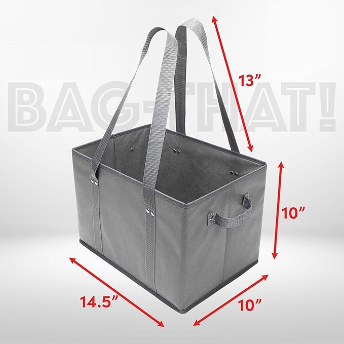 BAG-THAT! 4pk Reusable Grocery Bags Shopping Bags Tote Box Large Heavy Duty Groceries Bag Handles Foldable Reinforced Bottom (Gray)