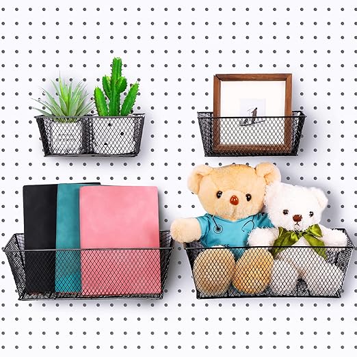 Sieral 4 Pcs Black Pegboard Baskets Metal Wire Shelf Baskets Peg Board Organizer Accessories Wall Mount Organizer Attachments for Garage Workbench Various Tool Accessories, 2 Sizes
