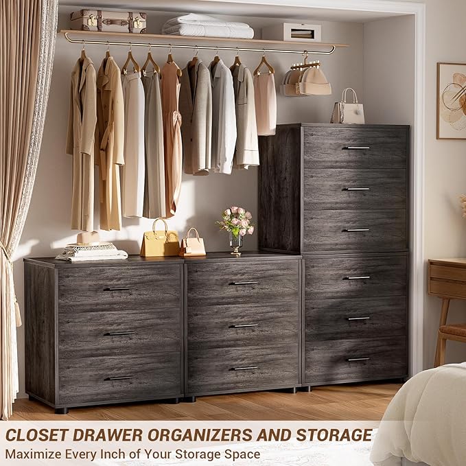 Aheaplus Closet Drawers Set of 2, Wood Closet Organizers and Storage with 3 Drawers, Closet Drawers Organizer System, Nightstands Bedside End Table with 3 Drawers Storage for Bedroom, Black Oak