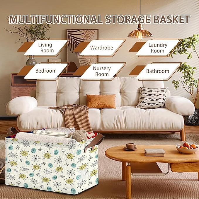 Mid Century Modern Storage Basket Large 17x11.5x10.5 Inche-Collapsible Fabric Organizer Bin with Handles for Living Room, Bedroom, Blankets-Decorative Hamper with Vintage Geometric Design-Single Pack