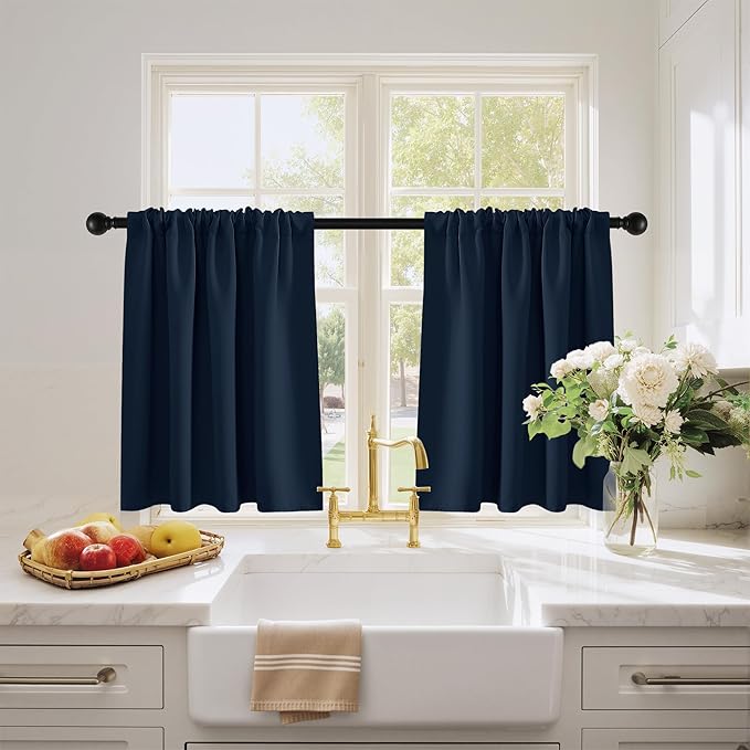 PONY DANCE Blackout Curtains for Bathroom - Solid Light Window Decor for Kitchen/Bedroom,RV Curtains for Camper Windows, W 29 x L 24, Navy Blue, 1 Pair