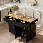 COCO DESIGN 60" Rolling Kitchen Cart with Power Strip & Drop Leaf, Thick Countertop, Large Storage Cabinet & Drawers, Mobile Island with Locking Wheels, Towel Rack and Spice Rack, Black and Oak