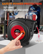Retractable Extension Cord Reel, 45 FT Heavy Duty Power Cord, 12AWG/3C SJTOW, 3 Grounded Outlets Lighted Triple Tap, 15 Amp Circuit Breaker, UL Listed, Red R45CR06