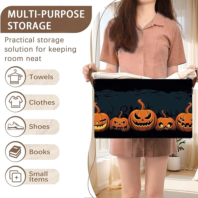 Halloween Pumpkin Storage Basket Large 17x11.5x10.5 Inche-Collapsible Fabric Organizer Bin with Handles for Fall Decor, Party Supplies, Nursery-Decorative Hamper with Jack-O-Lantern -Single Pack