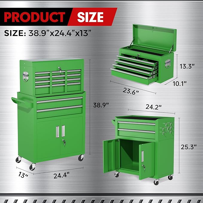 INTERGREAT 8-Drawers Rolling Tool Chest, Assembled Tool Chest with Wheels, Detachable Top Tool Box, Tool Cabinet for Repair Room,Warehouse, Rolling Tool Box with Hooks,Tray Divider,Liners(Green)