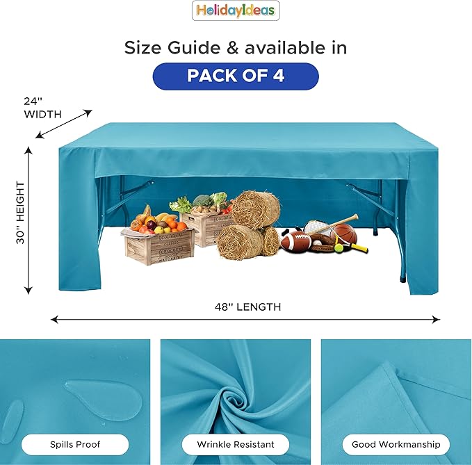 HolidayIdeas Open Back Fitted Tableclothss for 4 Foot Rectangle Table, Wrinkle Resistant Washable Table Covers 24x48 Inch for Craft Fairs, Banquets, Trade Show Display, Teal,4 Pcs