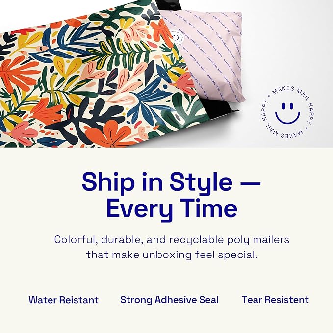 Poly Mailers 10x13 – 100 Pack – Printed Recyclable Shipping Envelopes for Small Business Packaging, Self Sealing Mailing Bags – Tropical Leaves Floral Design