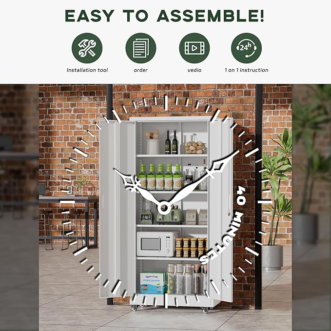 Greenvelly 73" Storage Cabinet with Wheels,Metal Rolling Garage Cabinet with Locking Doors and 4 Adjustable Shelves for Home,Kitchen,Office,Warehouse(32" W x 16" D White)