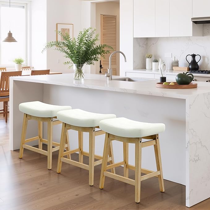 Counter Height Bar Stools Set of 3 for Kitchen Counter Backless Farmhouse Kitchen Island Barstools with Upholstered Faux Leather Saddle Seat and Solid Wood Legs Modern 24 inch Bar Chairs, White