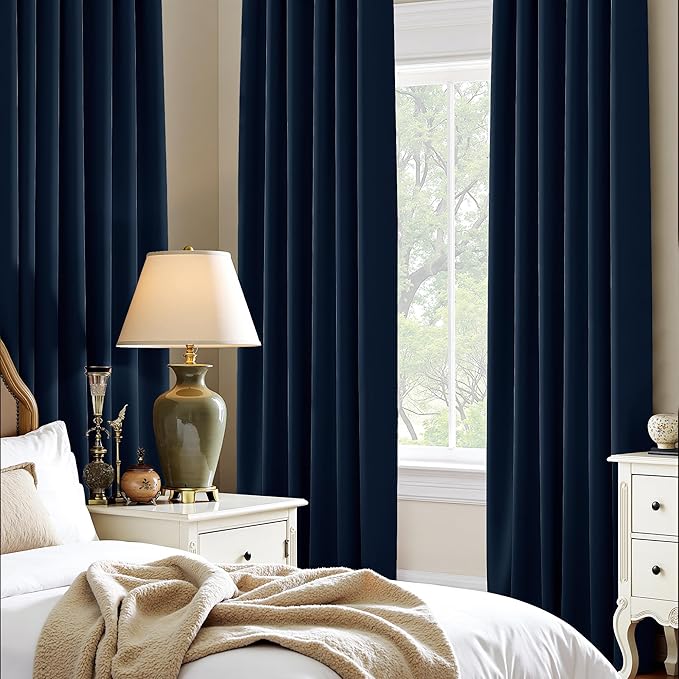 PONY DANCE Navy Blue Living Room Blackout Curtains 63 inch Length, Rod Pocket Thermal Insulated Black Out Window Drapes for Boy's Bedroom (2 Panels, W42 x L63 -Inch)