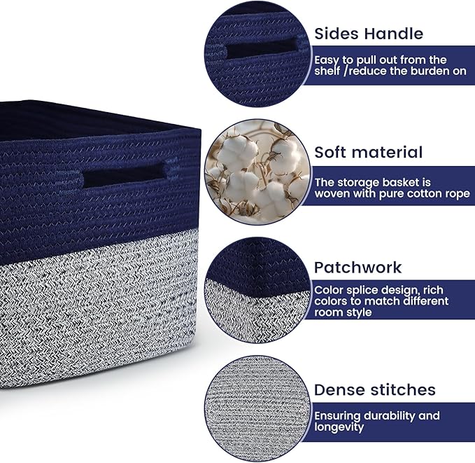 Shelf Woven Storage Basket, 15 x 10 x 9” Closet Rope Baskets For Organizing, Square Bins with Handles, Grey+Blue