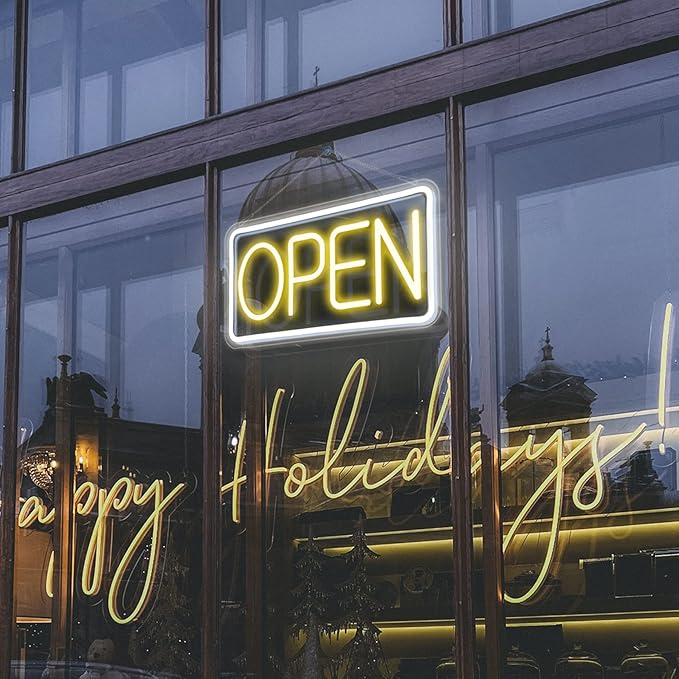 Open Signs for Business,Neon Open Sign Led,16.5"x 9",with Open/Closed Bussiness Hour Sign Set,Light for Bar Coffee Salon Store Window,12V/2A Adapter with ON/OFF Switch (Yellow/White Horizontal)