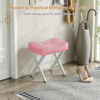 18-Inch Leather Vanity Stool Chair, Vanity Bench with Metal X-Leg, Ottoman Accent Stool with Thick Padded Saddle Seat, Pink