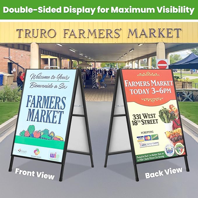 2 Pack A Frame Sign Holder 24x36 Inch, Double-Sided Folding Sandwich Board with Handle, Heavy Duty Metal Sidewalk Sign for Outdoor Business Advertising, Includes 4 Plastic Boards