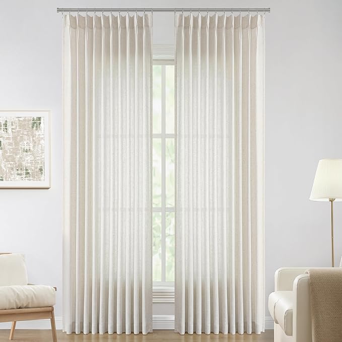 Vision Home Natural Pinch Pleated Semi Sheer Curtains Textured Linen Blended Light Filtering Window Curtains 120 inch for Living Room Bedroom Patio Pinch Pleat Drapes with Hooks 1 Panel 60" Wx120 L