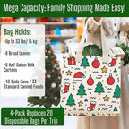 VENO 4 Pack Christmas Reusable Grocery Bags, Heavy-Duty Shopping Bags with Handles, for Shopping Cart with Hard Bottom to Stand Upright, Foldable (Jingle Mix, 4 Pack)