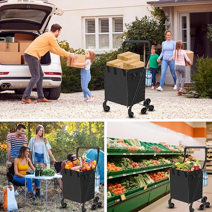 Folding Shopping Cart with Waterproof Liner, Heavy-Duty Stair-Climbing Grocery Cart with 360° Swivel Wheels - Extended Foam Handle - Utility Trolley for Laundry, Travel, Shopping (Blue)