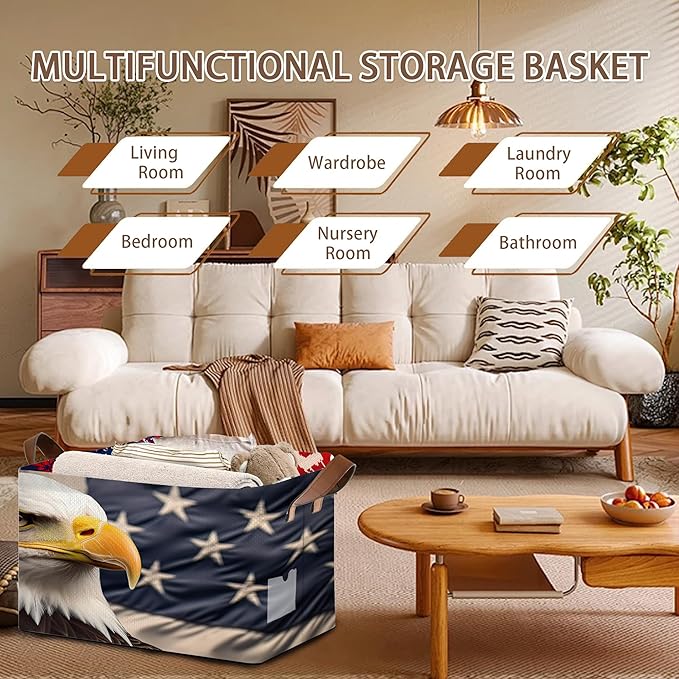 Eagle American Flag Storage Basket Large 17x11.5x10.5 Inches - Patriotic Collapsible Organizer Bin with Handles for Home,Closet,Toys - Foldable Decorative Hamper with USA Flag Design - Single Pack