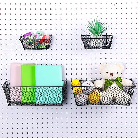Sieral 4 Pcs Black Pegboard Baskets Metal Wire Shelf Baskets Peg Board Organizer Accessories Wall Mount Organizer Attachments for Garage Workbench Various Tool Accessories, 2 Sizes (Small, Large)