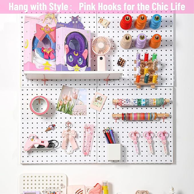 HUHOLE Pegboard Hooks 2 Inch 50PC, Pink Peg Board Hooks, Fit 1/4" or 1/8" Pegboard, Ideal Peg Board Organizer Accessories for Wall Display, Crafts Organization, Kitchen Organizer (Pink, 2 Inch)