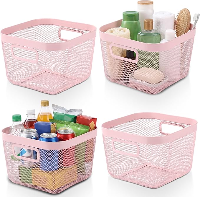 4 Pack Metal Mesh Basket with Hollow Handles Pink Wire Storage Bin for Organizing Stackable Metal Fine Mesh Basket for Pantry Bathroom Kitchen Cabinets Shelves